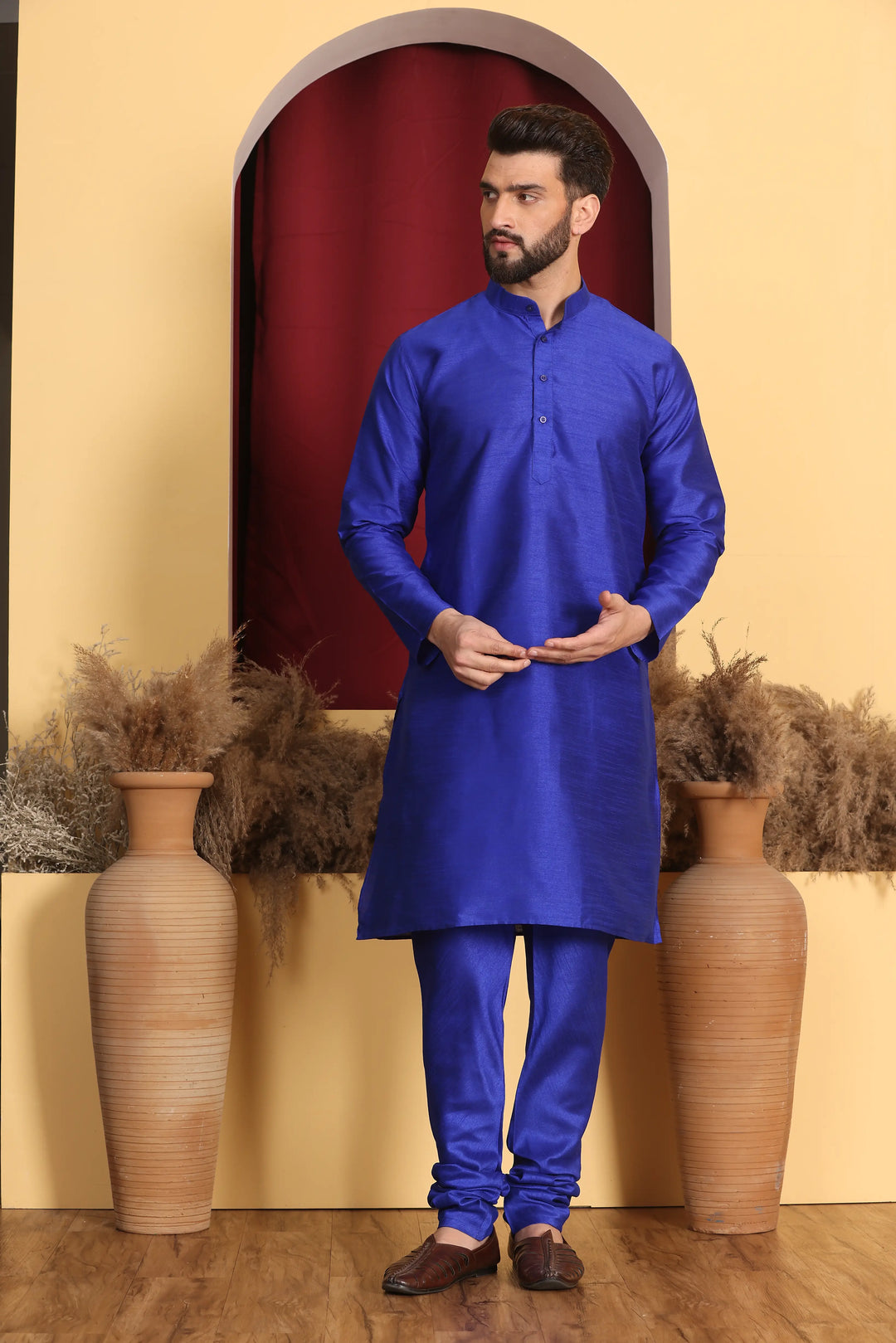 Royal Blue Nehru Jacket & Kurta Men's Ethnic Ensemble with Churidar Pajama