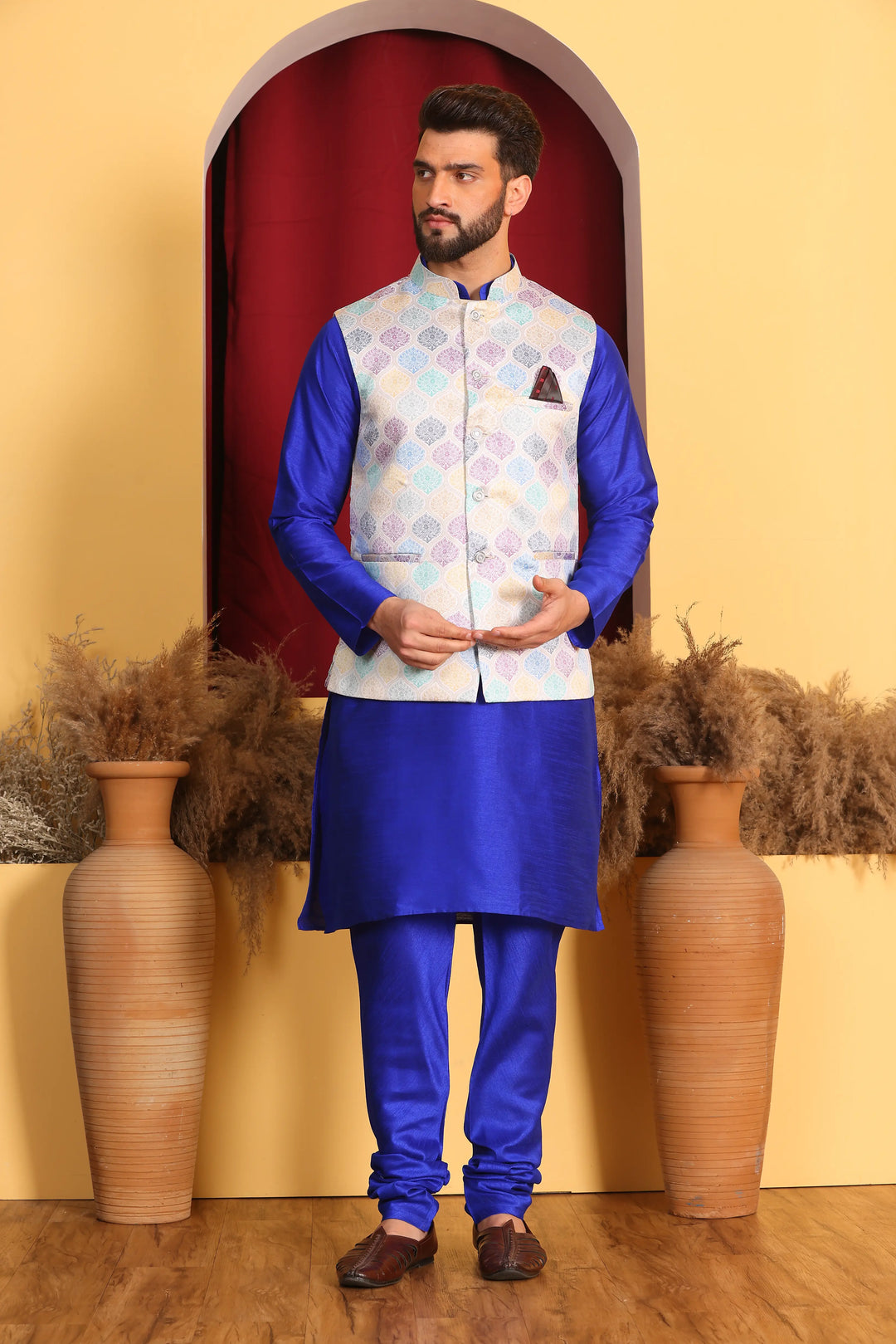 Regal Elegance Royal Blue Modi Jacket and Kurta Ensemble with Churidar Pajama Set for Men