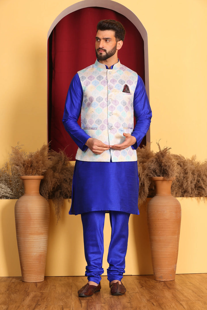 Regal Elegance Royal Blue Modi Jacket and Kurta Ensemble with Churidar Pajama Set for Men