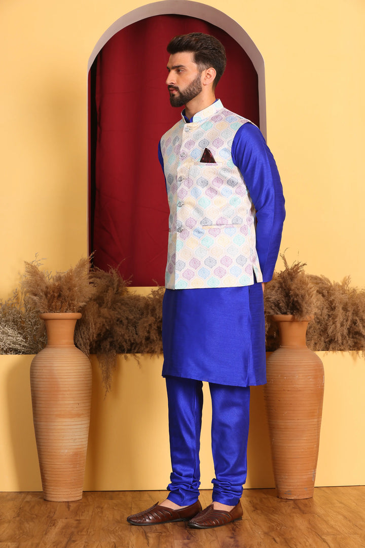 Regal Elegance Royal Blue Modi Jacket and Kurta Ensemble with Churidar Pajama Set for Men