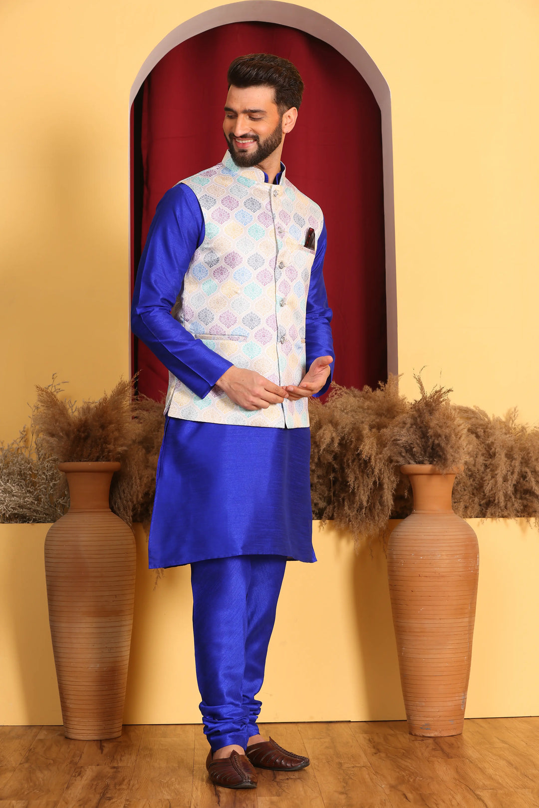 Regal Elegance Royal Blue Modi Jacket and Kurta Ensemble with Churidar Pajama Set for Men