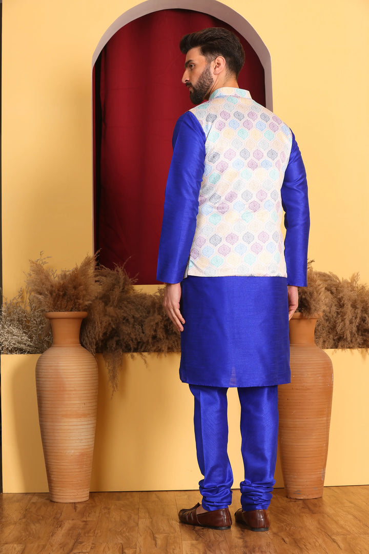 Regal Elegance Royal Blue Modi Jacket and Kurta Ensemble with Churidar Pajama Set for Men