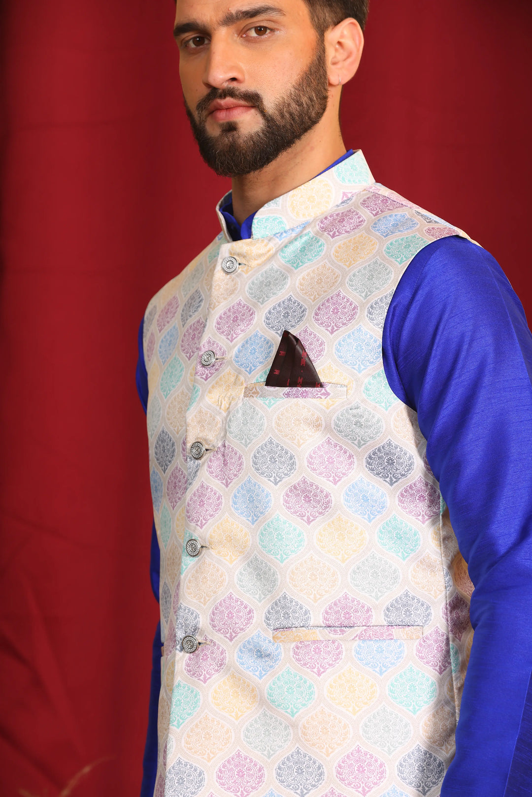 Regal Elegance Royal Blue Modi Jacket and Kurta Ensemble with Churidar Pajama Set for Men