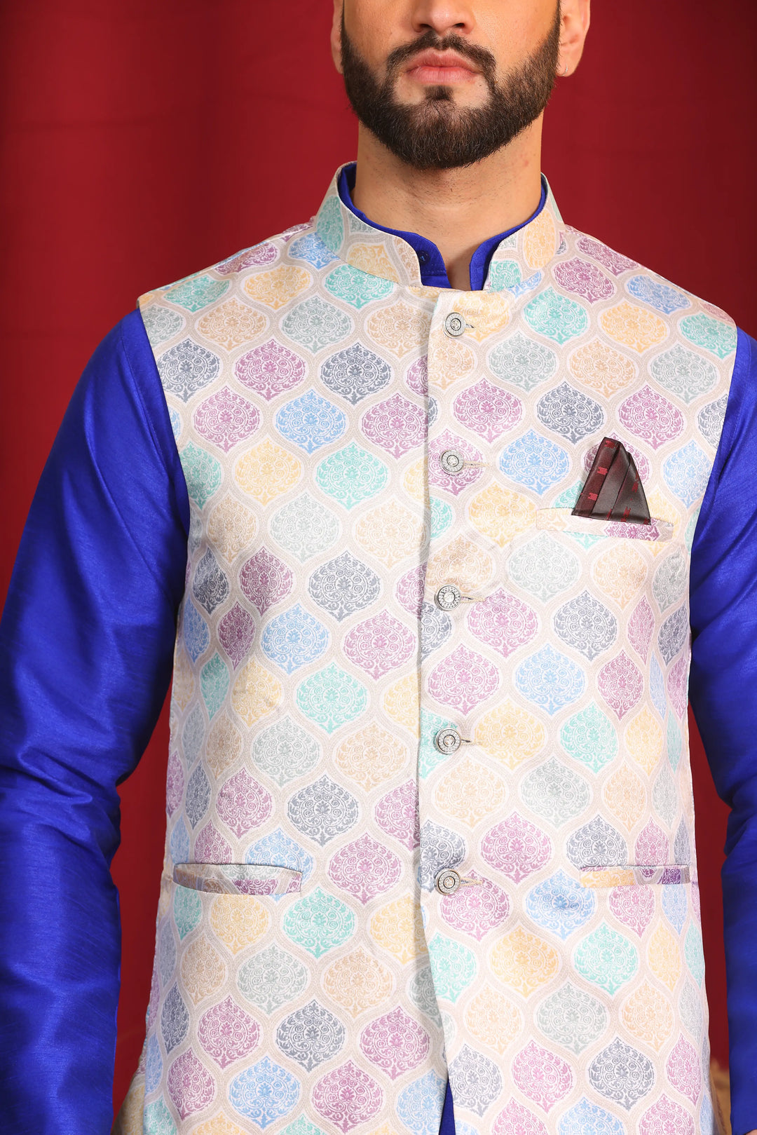 Regal Elegance Royal Blue Modi Jacket and Kurta Ensemble with Churidar Pajama Set for Men