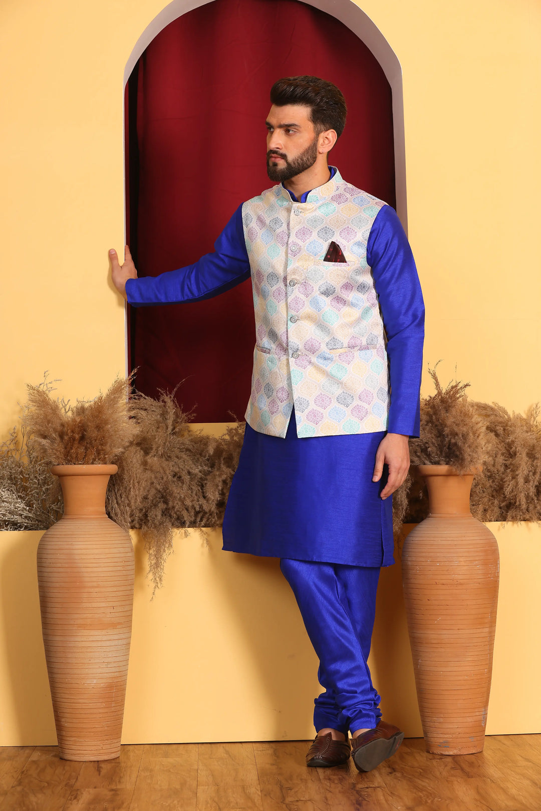 Regal Elegance Royal Blue Modi Jacket and Kurta Ensemble with Churidar Pajama Set for Men