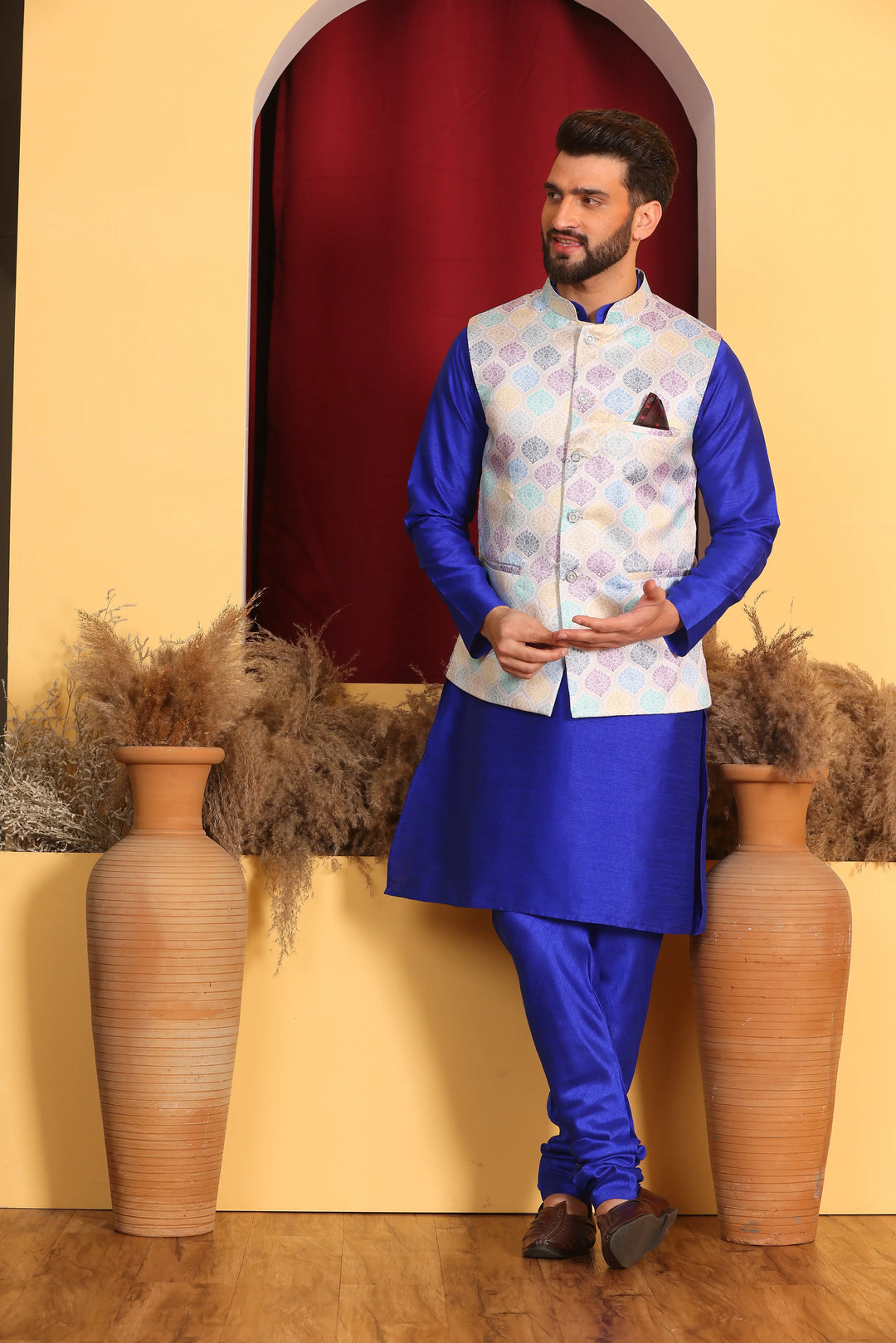 Regal Elegance Royal Blue Modi Jacket and Kurta Ensemble with Churidar Pajama Set for Men