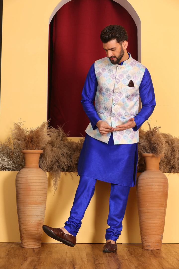 Regal Elegance Royal Blue Modi Jacket and Kurta Ensemble with Churidar Pajama Set for Men