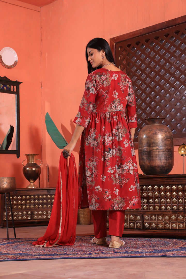 Maroon Color Alia Cut Anarkali Printed Suit With Trousers & Dupatta Set