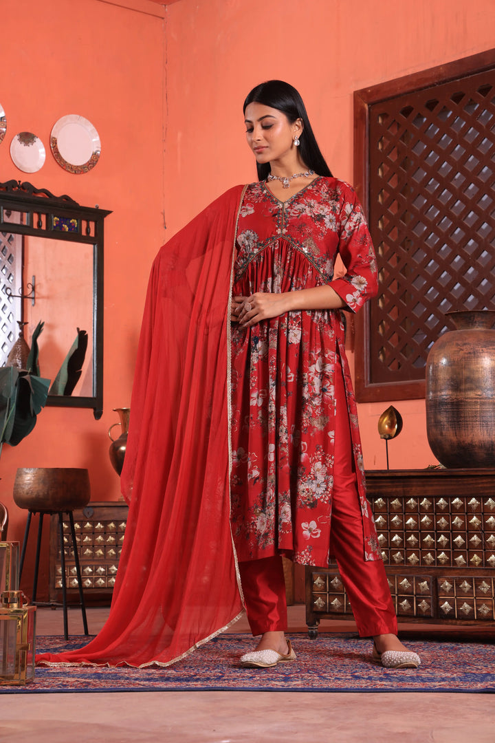 Maroon Color Alia Cut Anarkali Printed Suit With Trousers & Dupatta Set