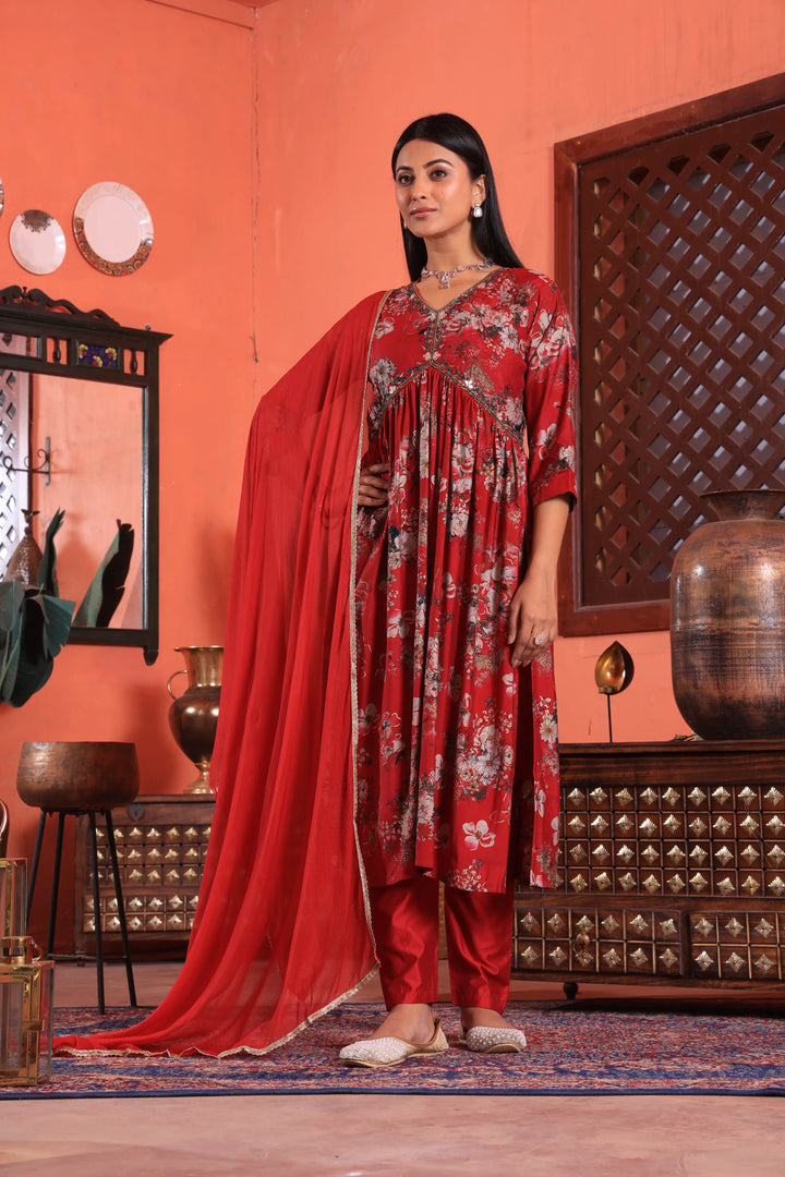 Maroon Color Alia Cut Anarkali Printed Suit With Trousers & Dupatta Set