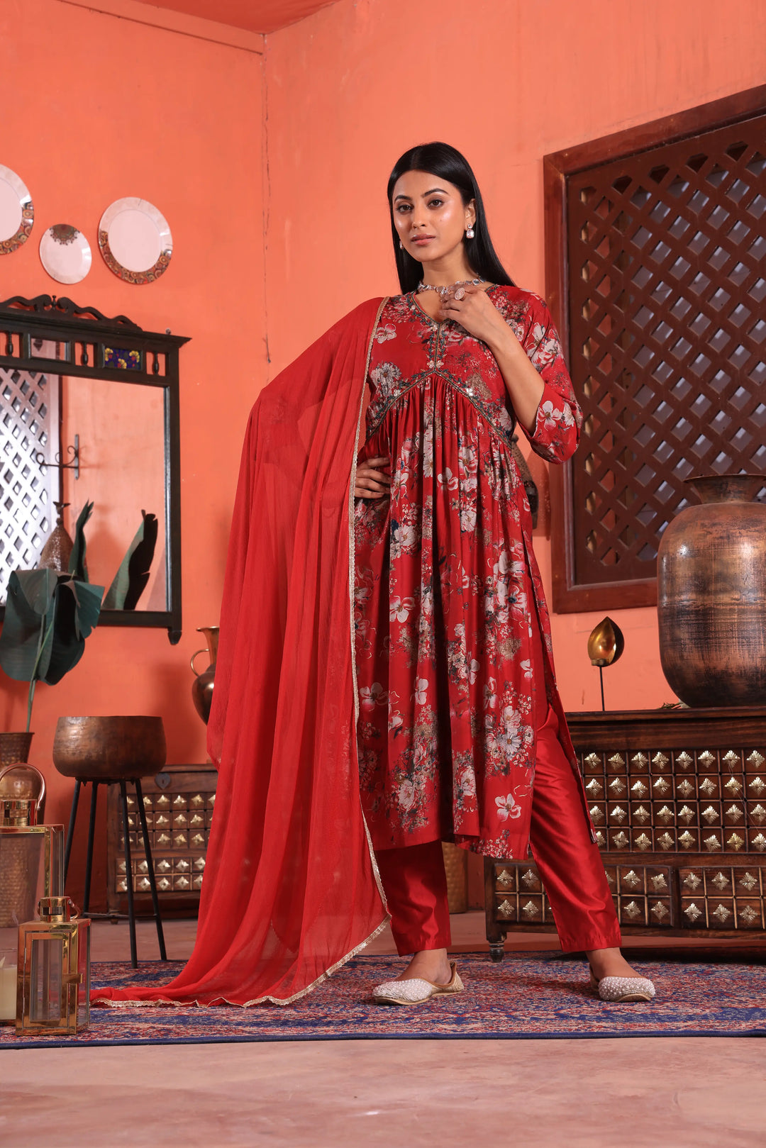 Maroon Color Alia Cut Anarkali Printed Suit With Trousers & Dupatta Set