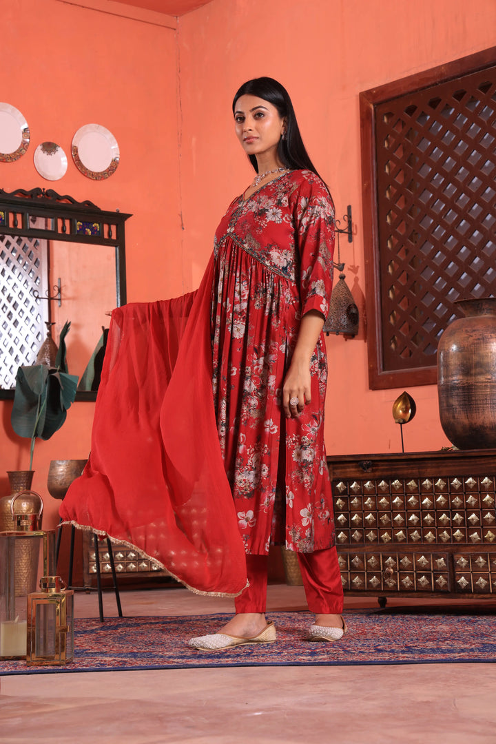 Maroon Color Alia Cut Anarkali Printed Suit With Trousers & Dupatta Set