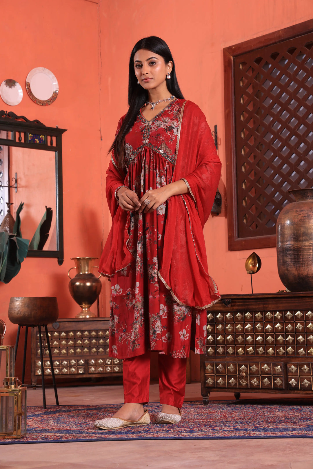 Maroon Color Alia Cut Anarkali Printed Suit With Trousers & Dupatta Set