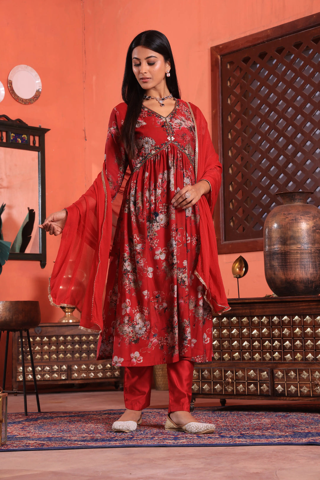 Maroon Color Alia Cut Anarkali Printed Suit With Trousers & Dupatta Set