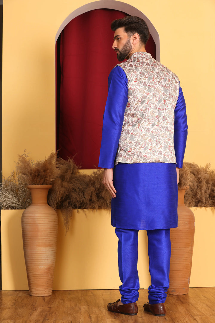 Royal Blue Nehru Jacket & Kurta Men's Ethnic Ensemble with Churidar Pajama