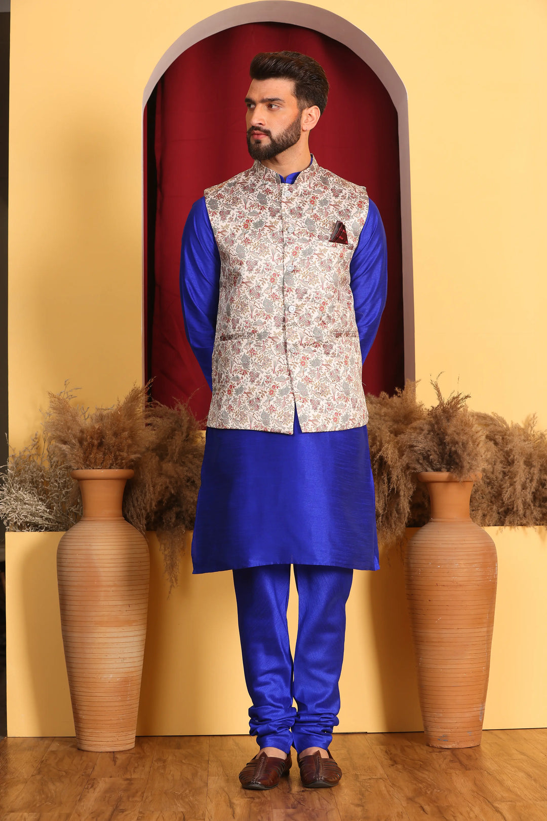 Royal Blue Nehru Jacket & Kurta Men's Ethnic Ensemble with Churidar Pajama