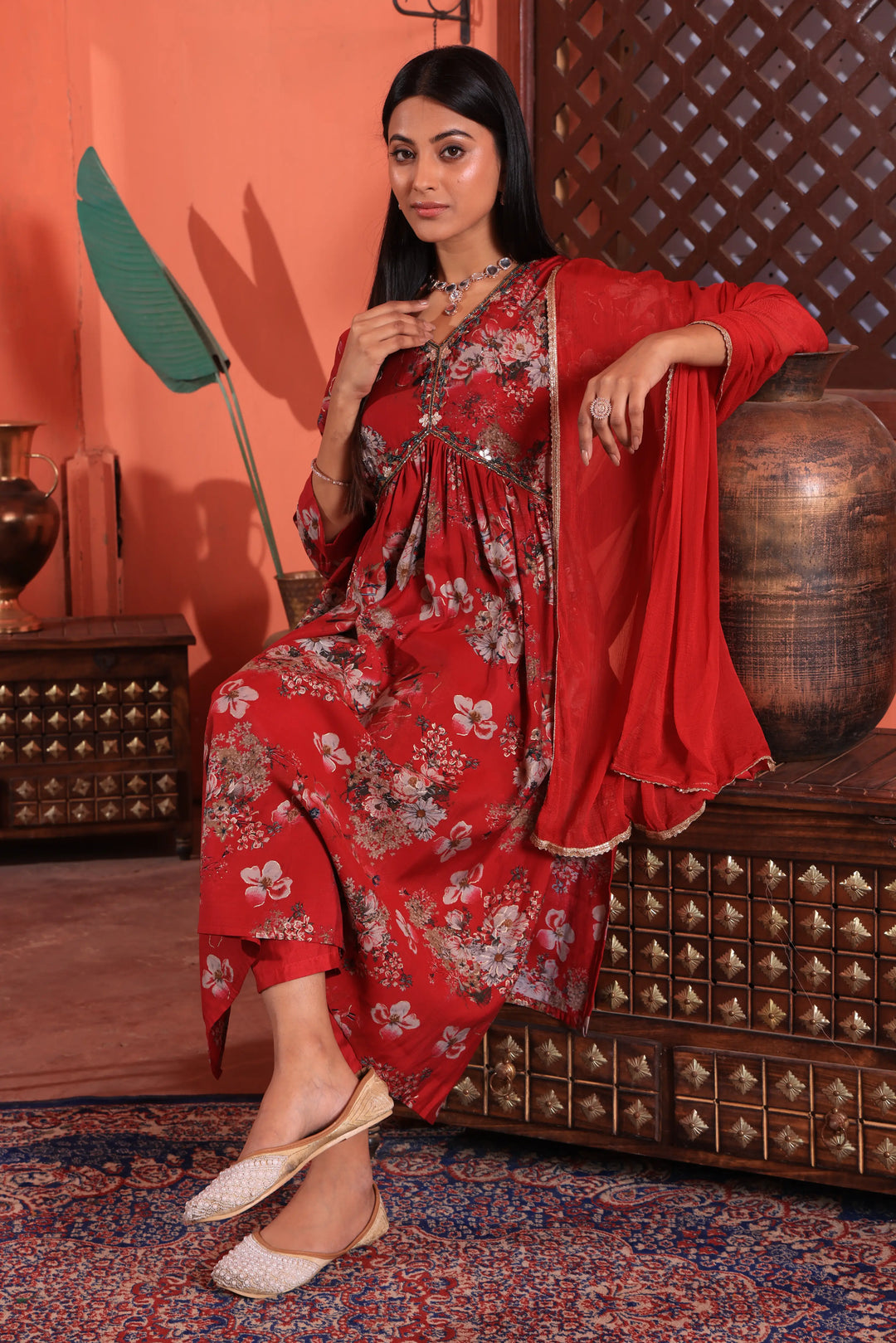 Maroon Color Alia Cut Anarkali Printed Suit With Trousers & Dupatta Set