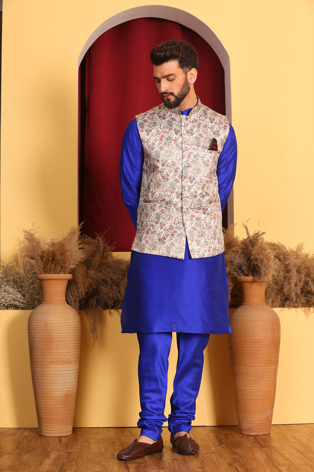 Royal Blue Nehru Jacket & Kurta Men's Ethnic Ensemble with Churidar Pajama