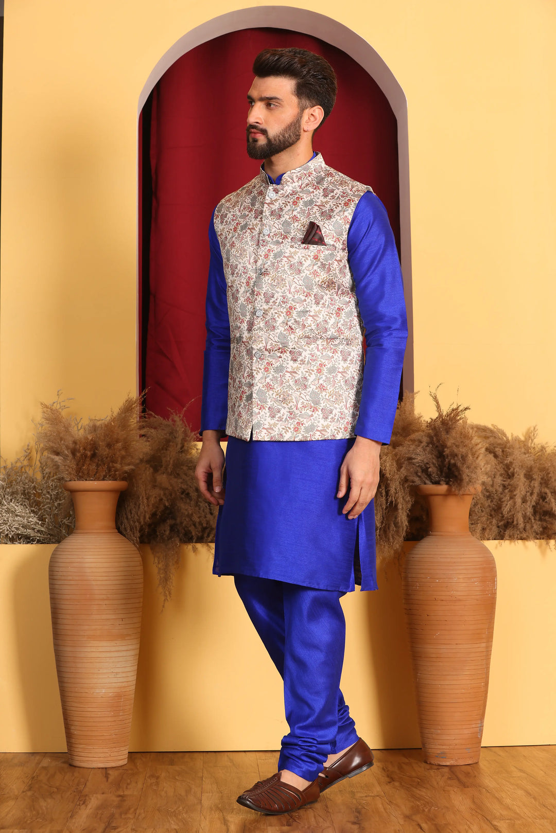 Royal Blue Nehru Jacket & Kurta Men's Ethnic Ensemble with Churidar Pajama