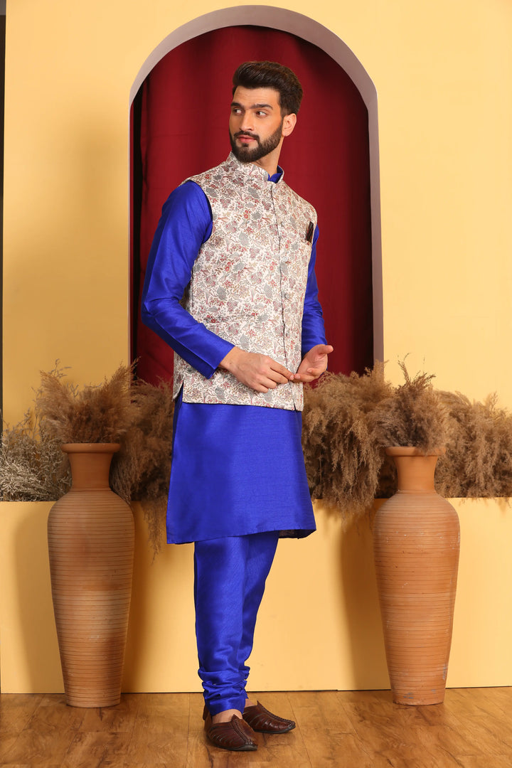 Royal Blue Nehru Jacket & Kurta Men's Ethnic Ensemble with Churidar Pajama