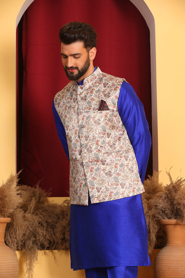 Royal Blue Nehru Jacket & Kurta Men's Ethnic Ensemble with Churidar Pajama