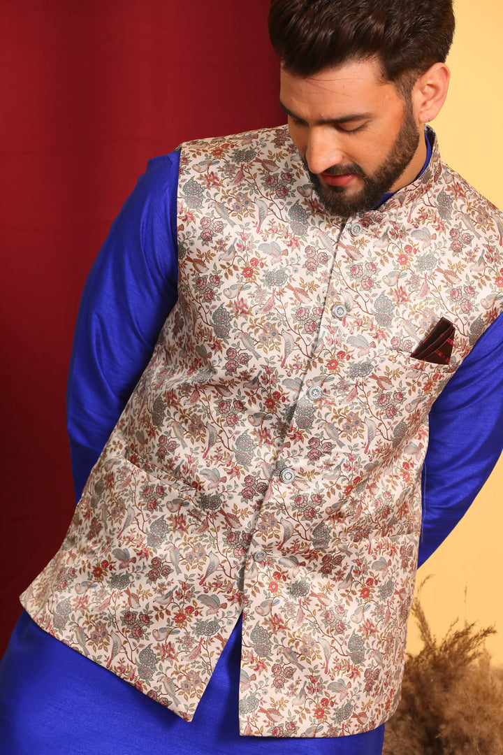 Royal Blue Nehru Jacket & Kurta Men's Ethnic Ensemble with Churidar Pajama