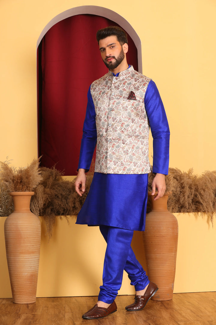 Royal Blue Nehru Jacket & Kurta Men's Ethnic Ensemble with Churidar Pajama