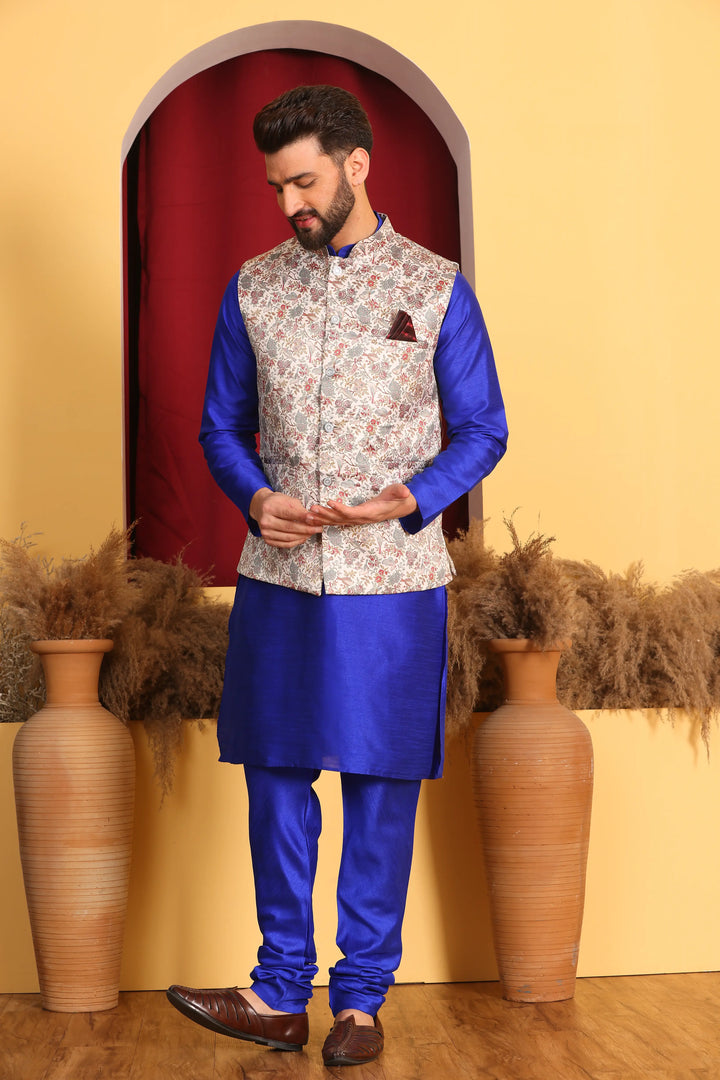 Royal Blue Nehru Jacket & Kurta Men's Ethnic Ensemble with Churidar Pajama