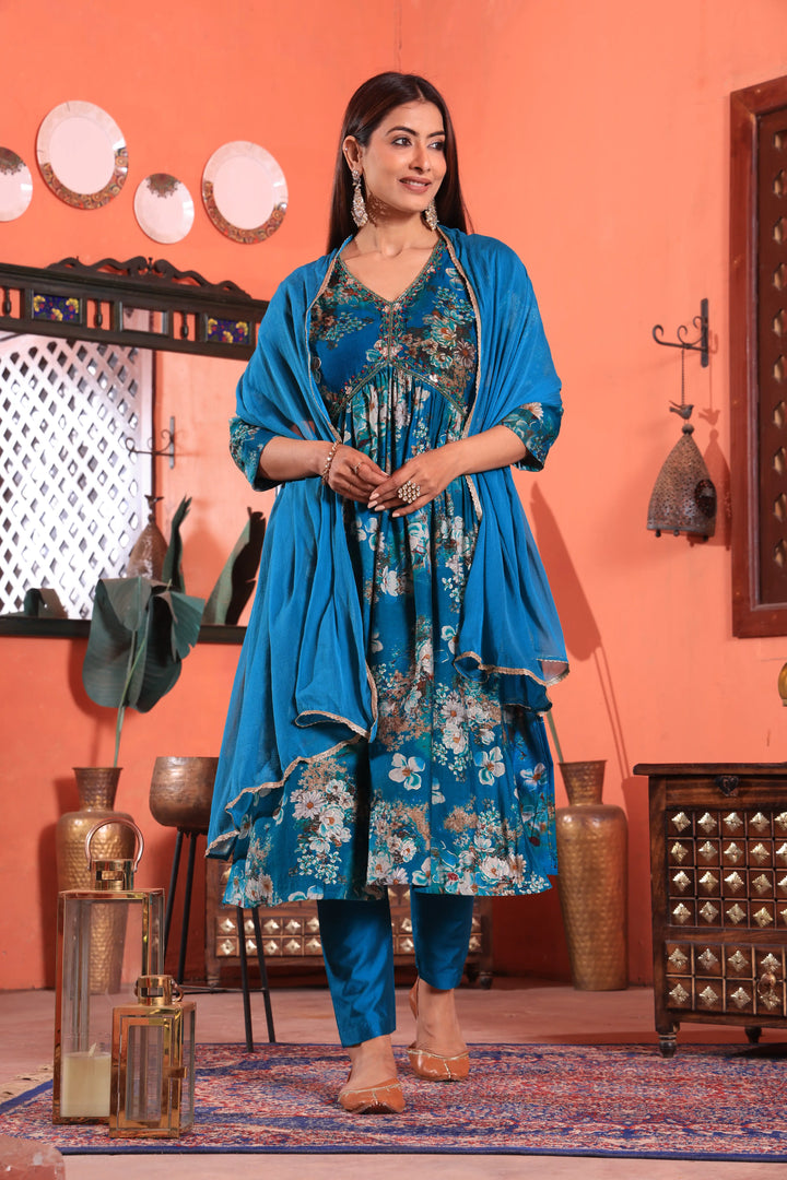 Blue Color Alia Cut Anarkali Printed Suit With Trousers & Dupatta Set