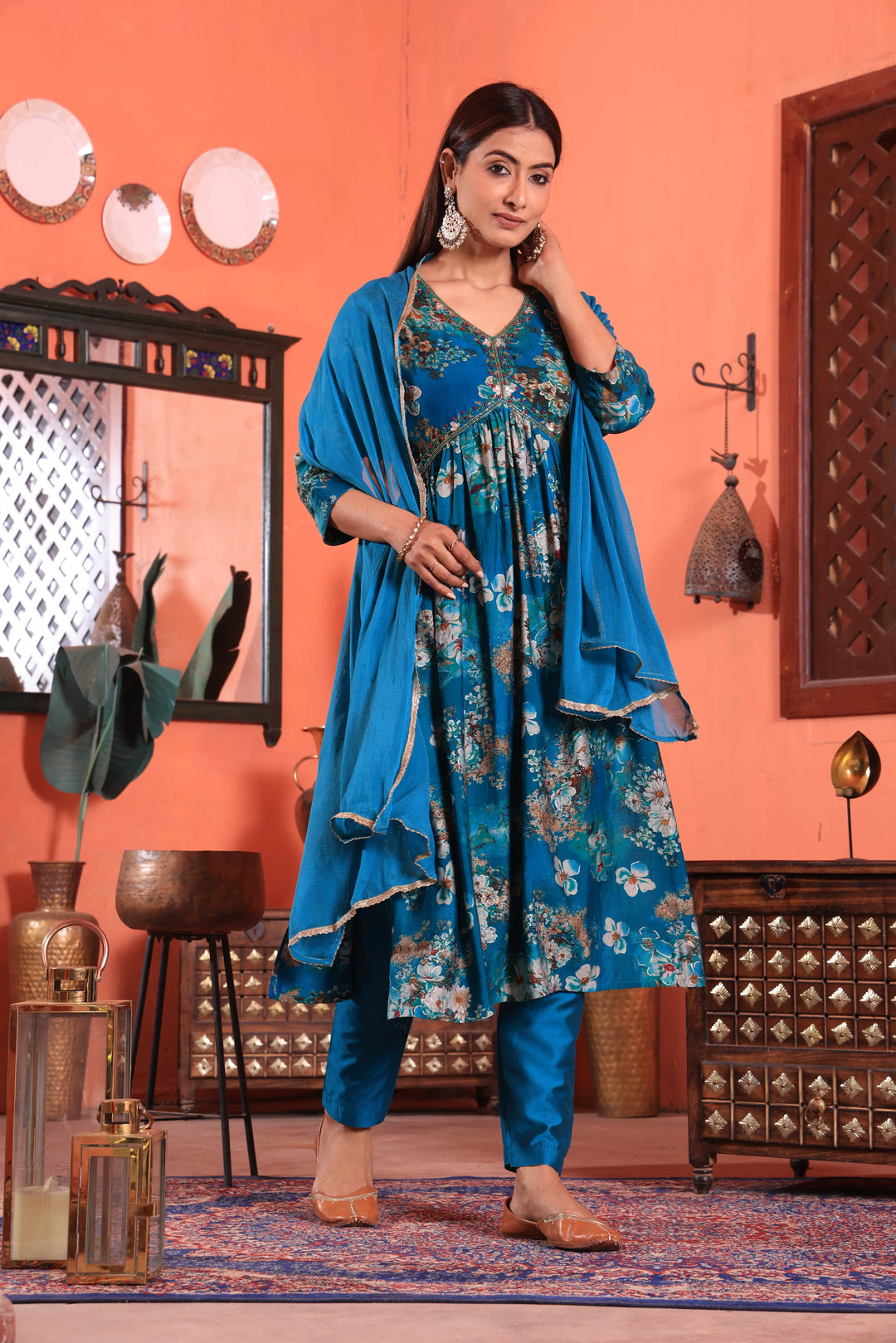 Blue Color Alia Cut Anarkali Printed Suit With Trousers & Dupatta Set