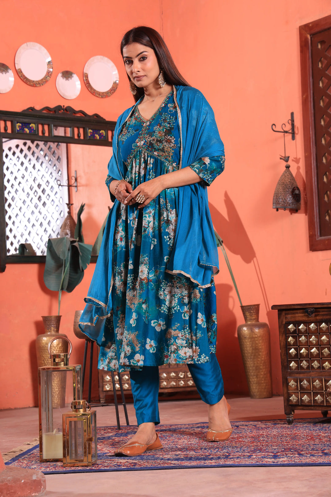 Blue Color Alia Cut Anarkali Printed Suit With Trousers & Dupatta Set