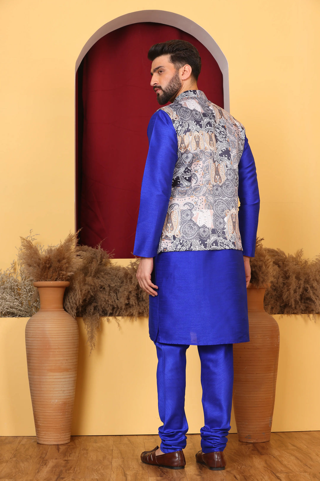 Regal Charm: Royal Blue Ethnic Jacket & Kurta with Churidar Pajama Set for Men