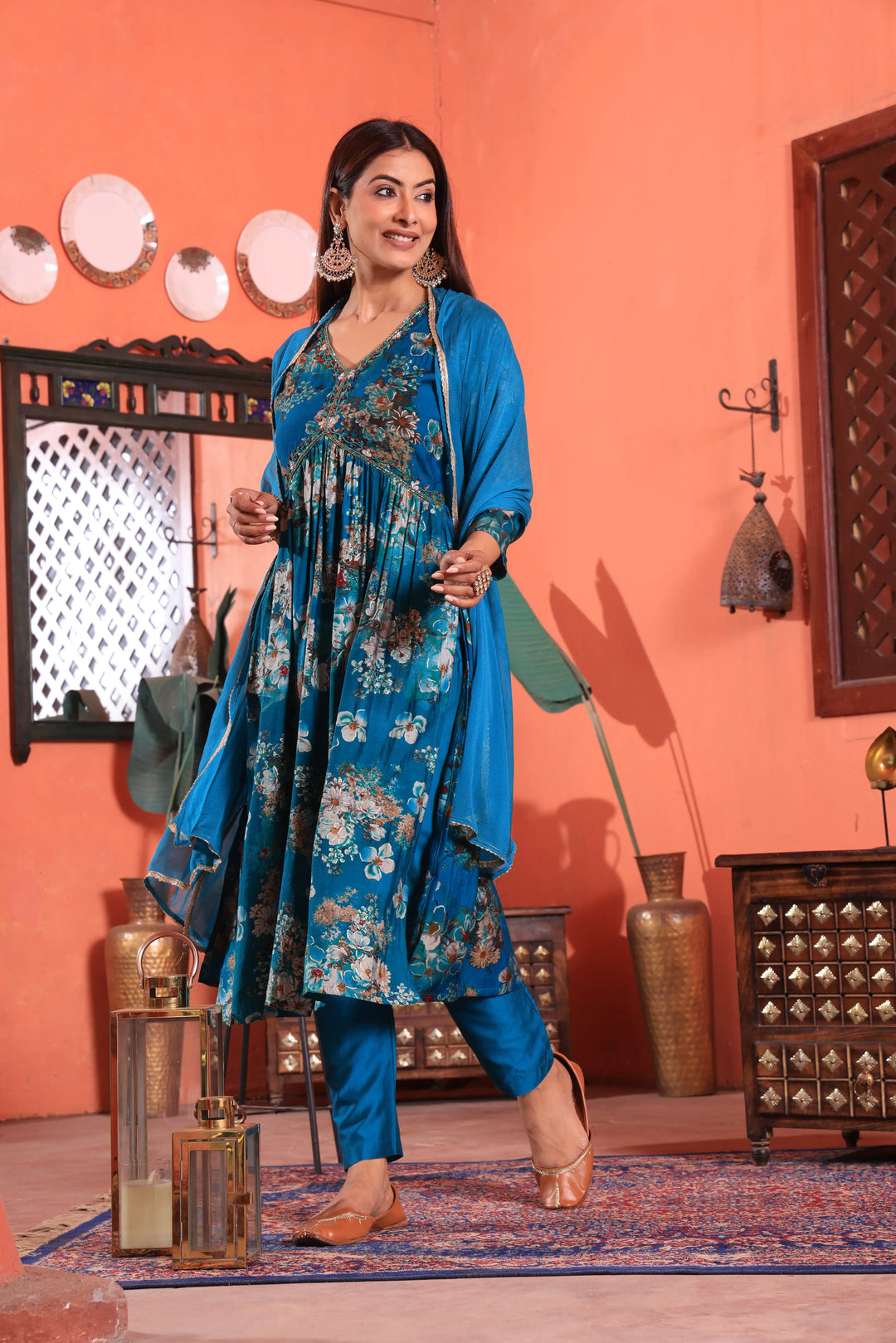 Blue Color Alia Cut Anarkali Printed Suit With Trousers & Dupatta Set