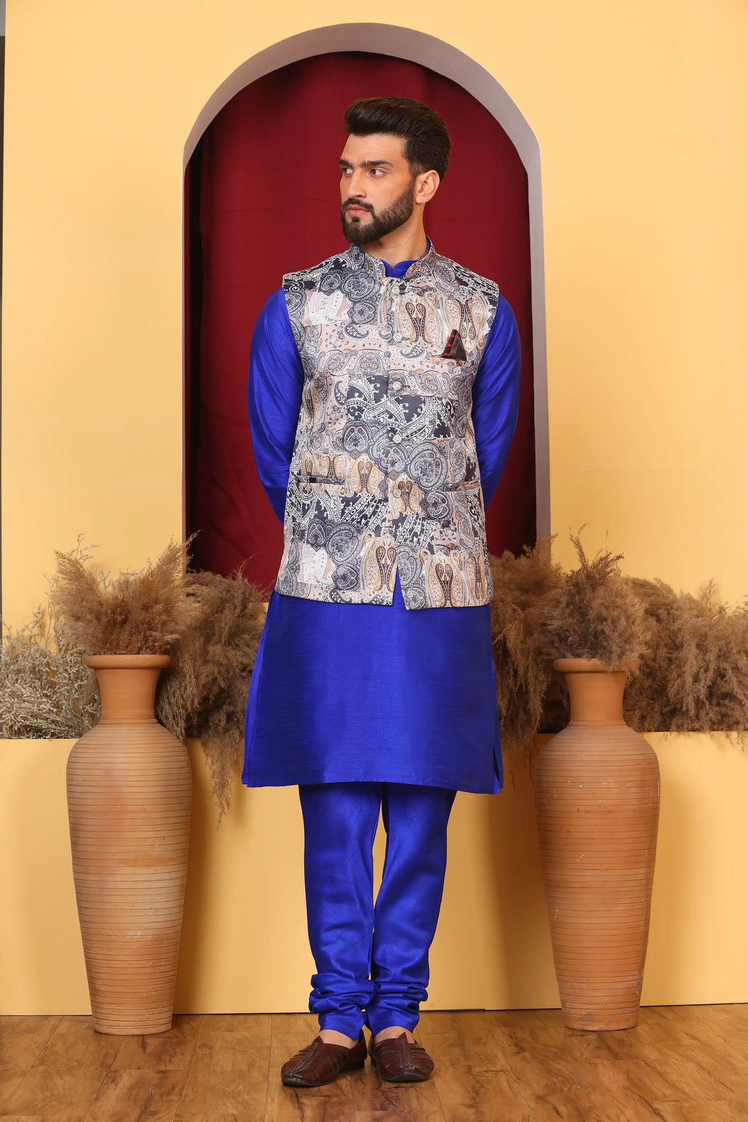 Regal Charm: Royal Blue Ethnic Jacket & Kurta with Churidar Pajama Set for Men