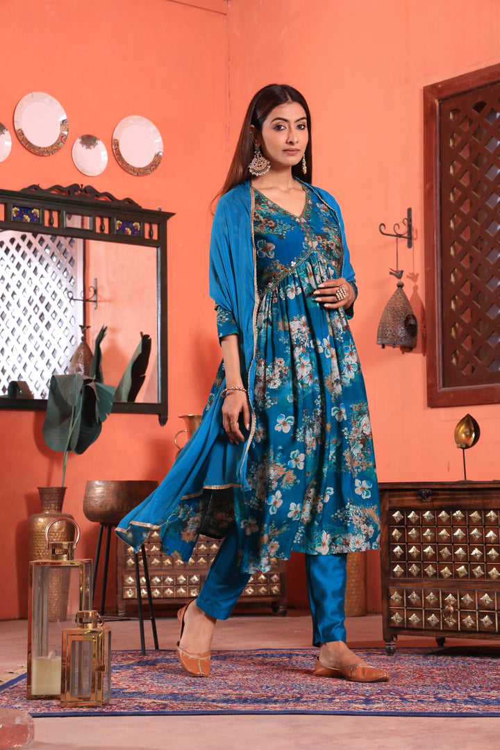 Blue Color Alia Cut Anarkali Printed Suit With Trousers & Dupatta Set