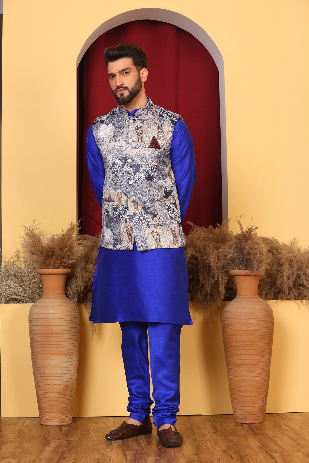 Regal Charm: Royal Blue Ethnic Jacket & Kurta with Churidar Pajama Set for Men