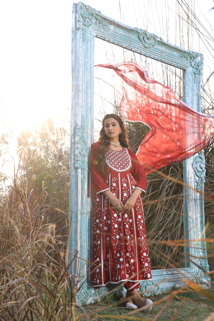 Red Embroidered Anarkali Suit