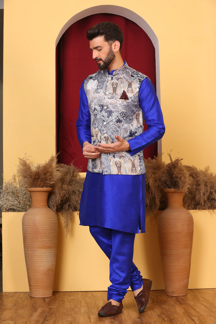 Regal Charm: Royal Blue Ethnic Jacket & Kurta with Churidar Pajama Set for Men