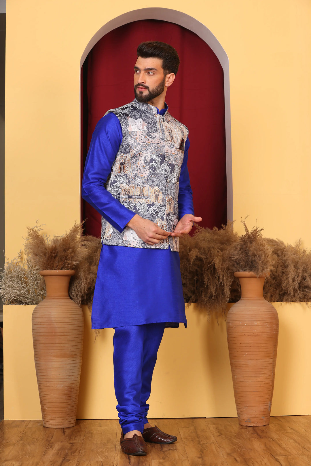 Regal Charm: Royal Blue Ethnic Jacket & Kurta with Churidar Pajama Set for Men