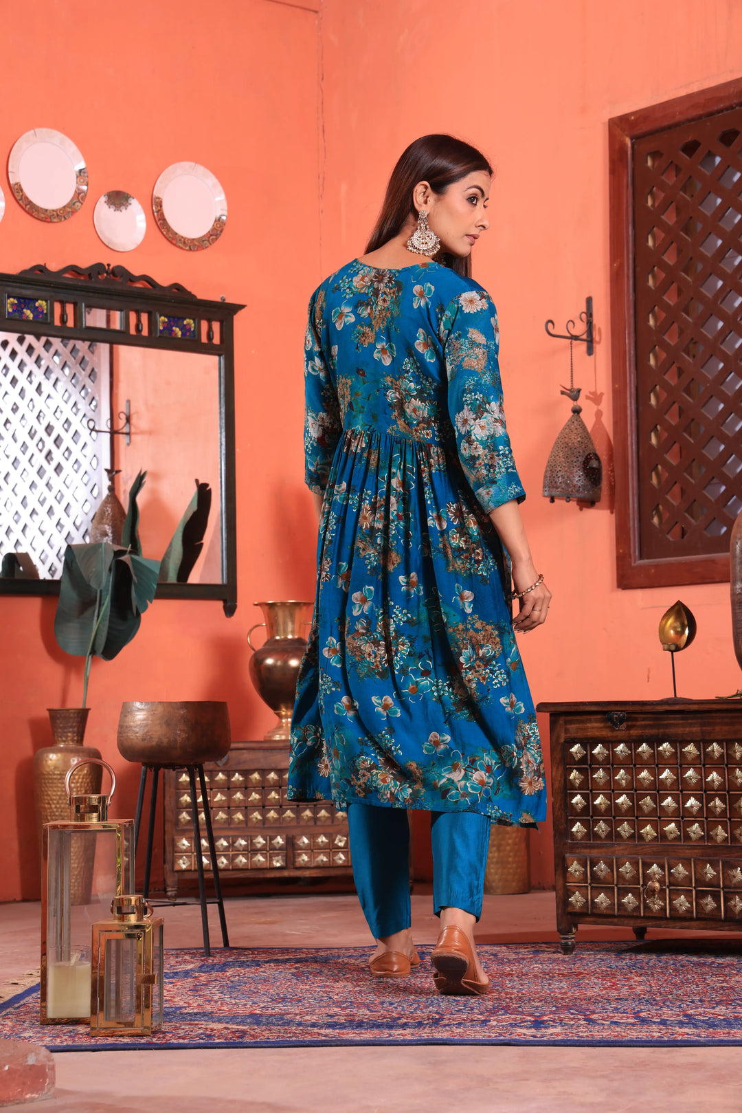 Blue Color Alia Cut Anarkali Printed Suit With Trousers & Dupatta Set