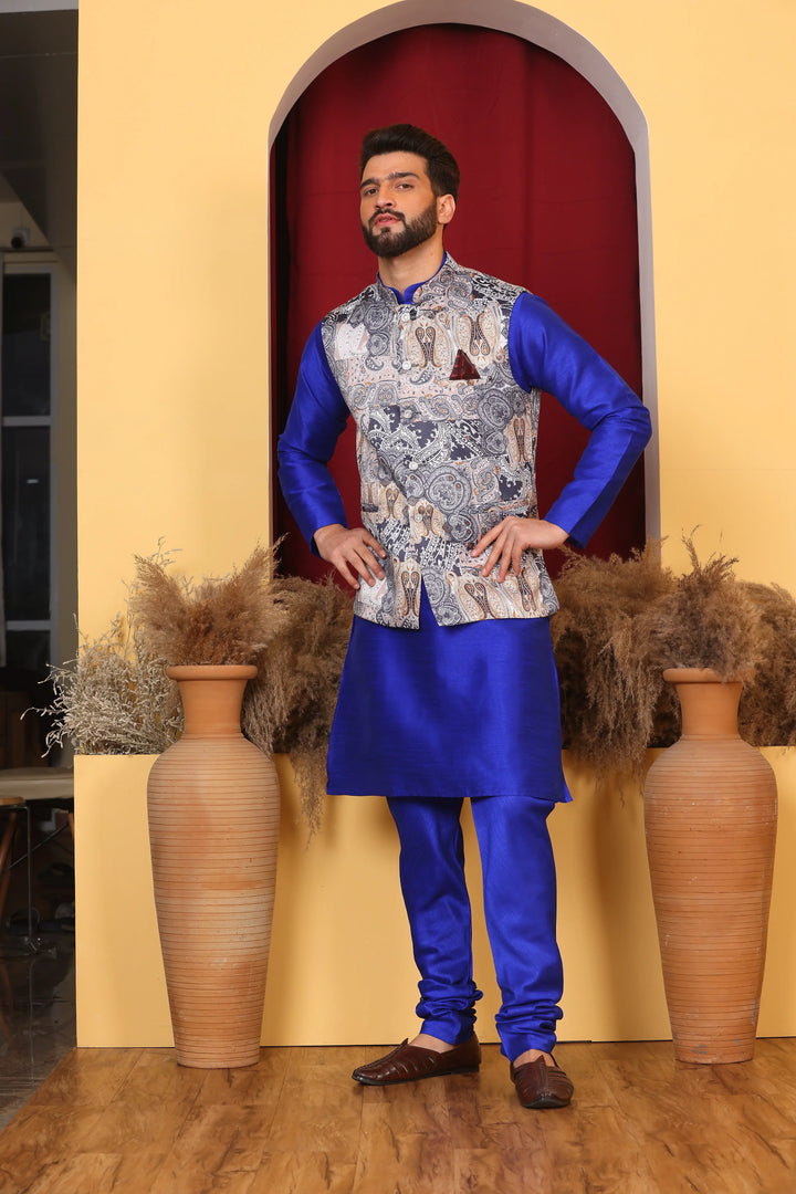 Regal Charm: Royal Blue Ethnic Jacket & Kurta with Churidar Pajama Set for Men