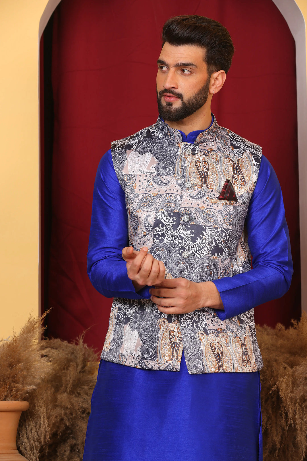 Regal Charm: Royal Blue Ethnic Jacket & Kurta with Churidar Pajama Set for Men