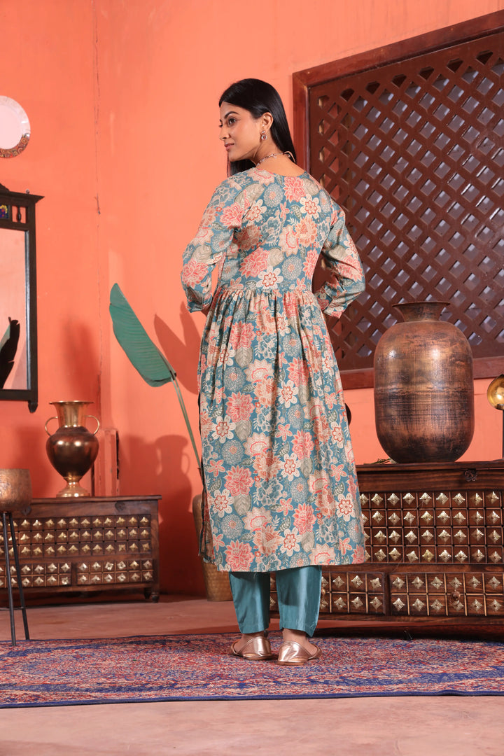 Alia Cut Anarkali Printed Grey Color Suit With Trousers & Dupatta Set for Women