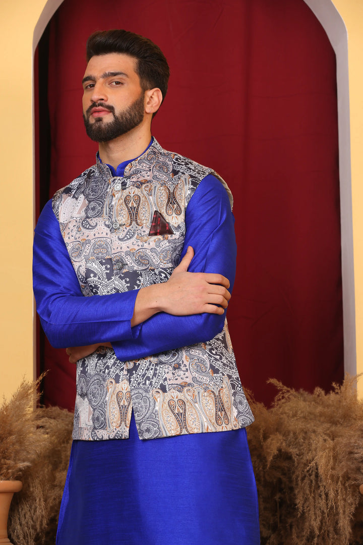 Regal Charm: Royal Blue Ethnic Jacket & Kurta with Churidar Pajama Set for Men