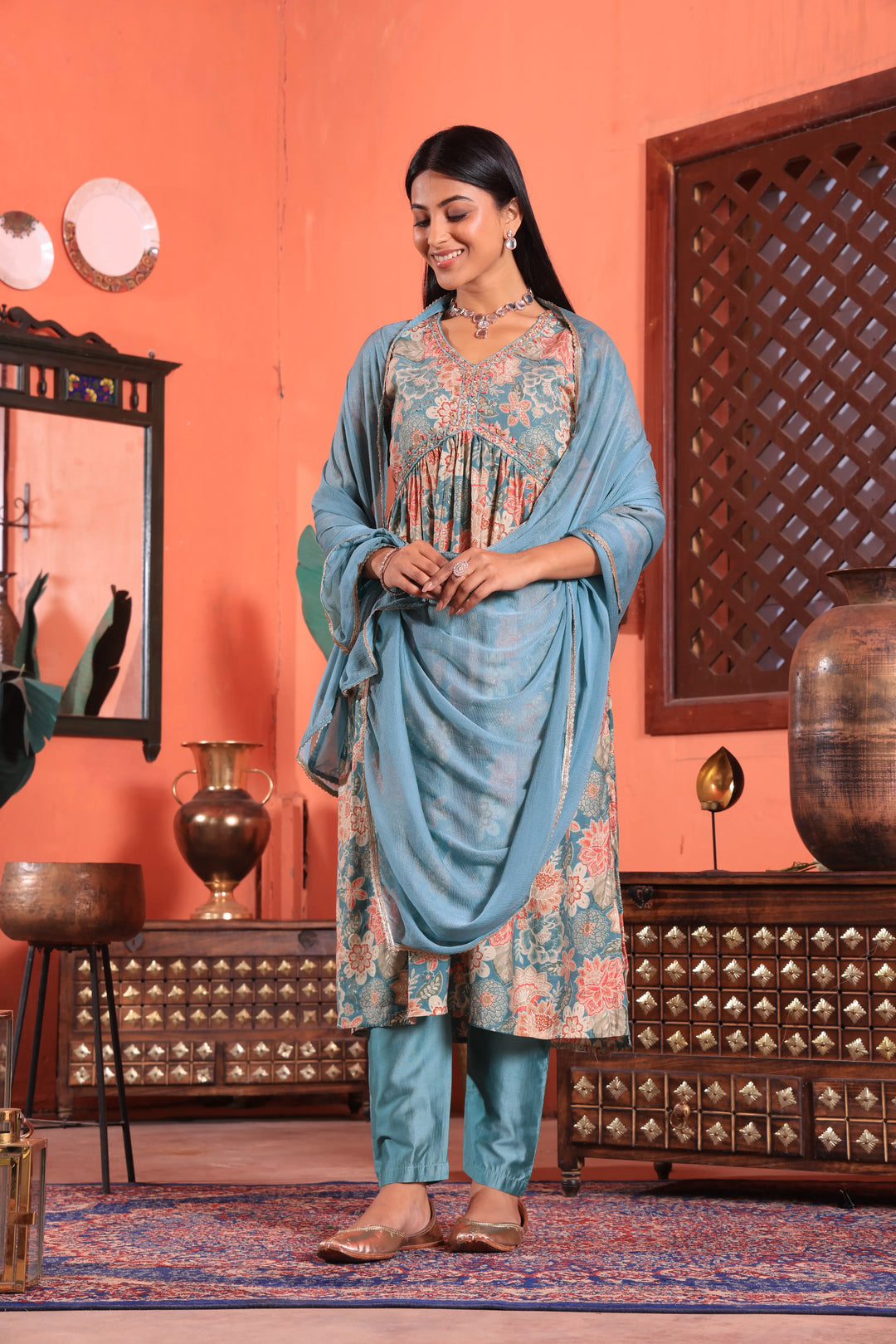 Alia Cut Anarkali Printed Grey Color Suit With Trousers & Dupatta Set for Women