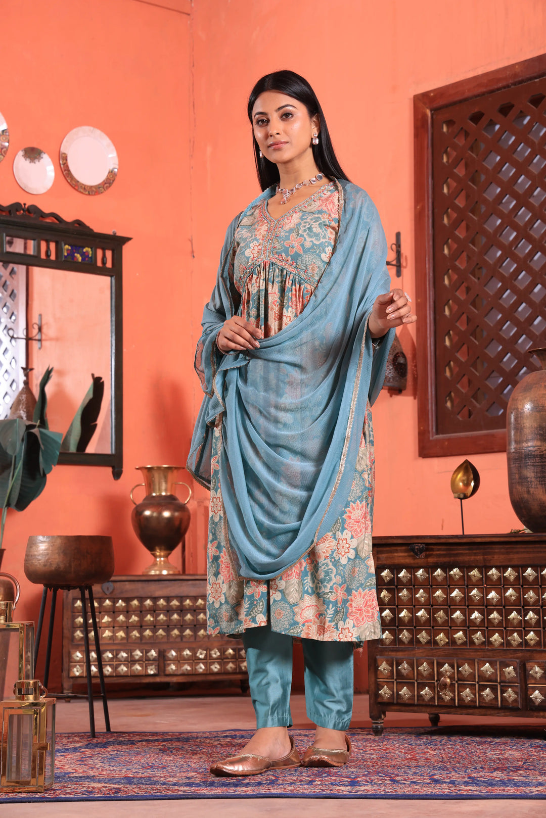 Alia Cut Anarkali Printed Grey Color Suit With Trousers & Dupatta Set for Women