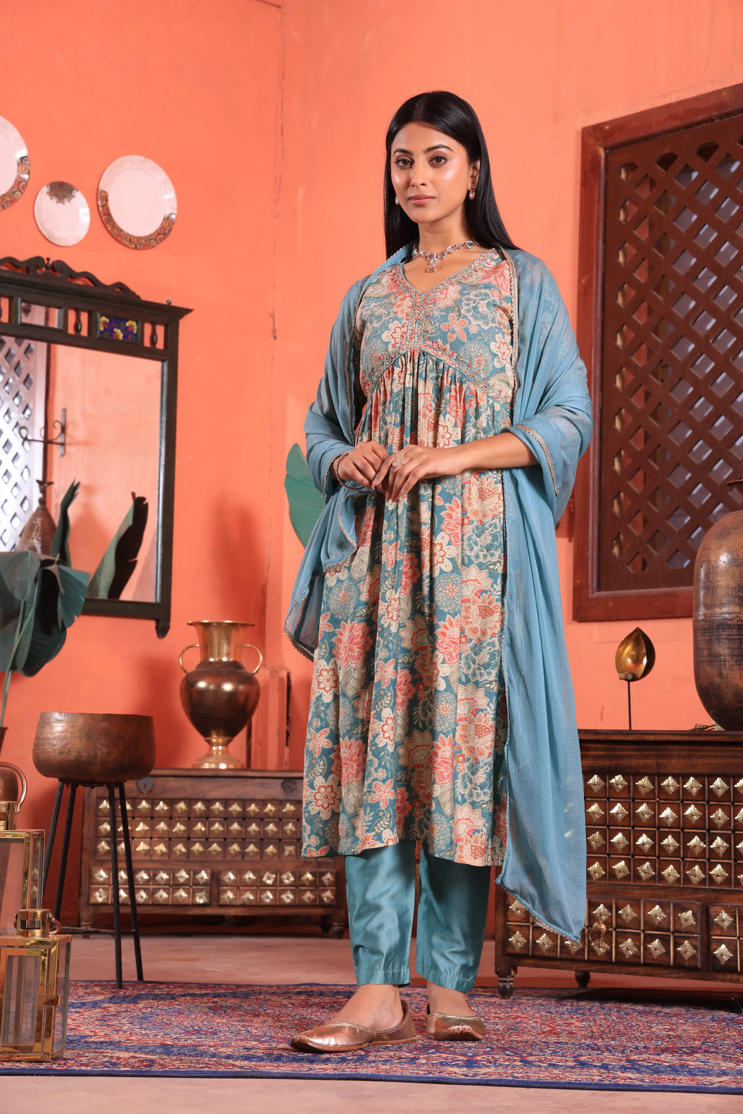 Alia Cut Anarkali Printed Grey Color Suit With Trousers & Dupatta Set for Women