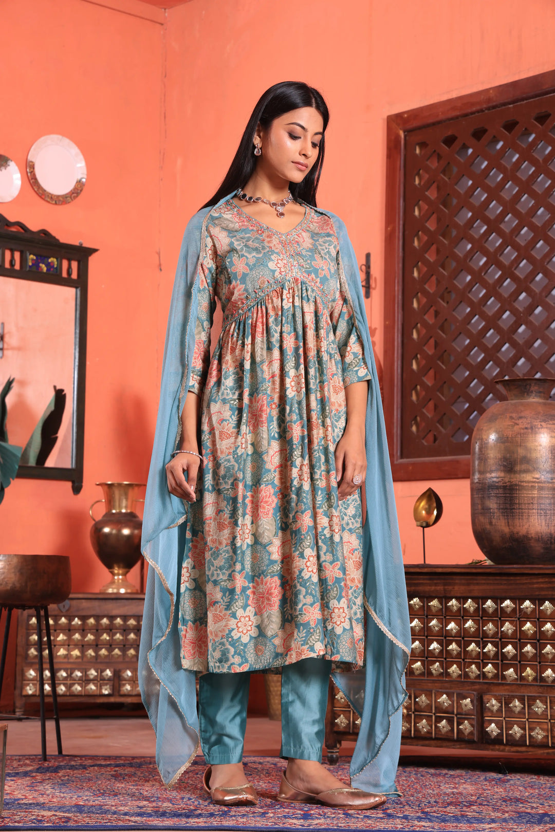 Alia Cut Anarkali Printed Grey Color Suit With Trousers & Dupatta Set for Women