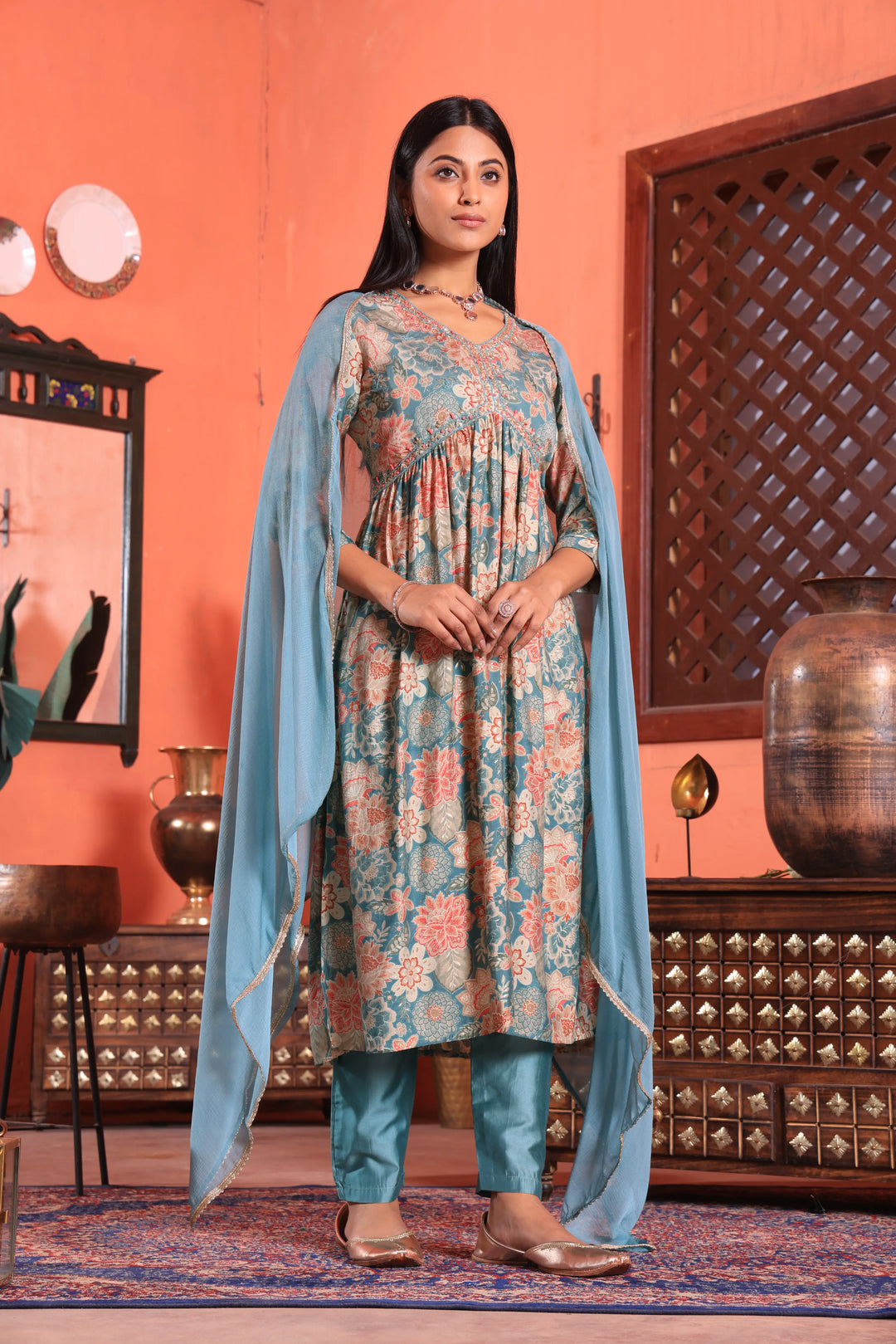 Alia Cut Anarkali Printed Grey Color Suit With Trousers & Dupatta Set for Women