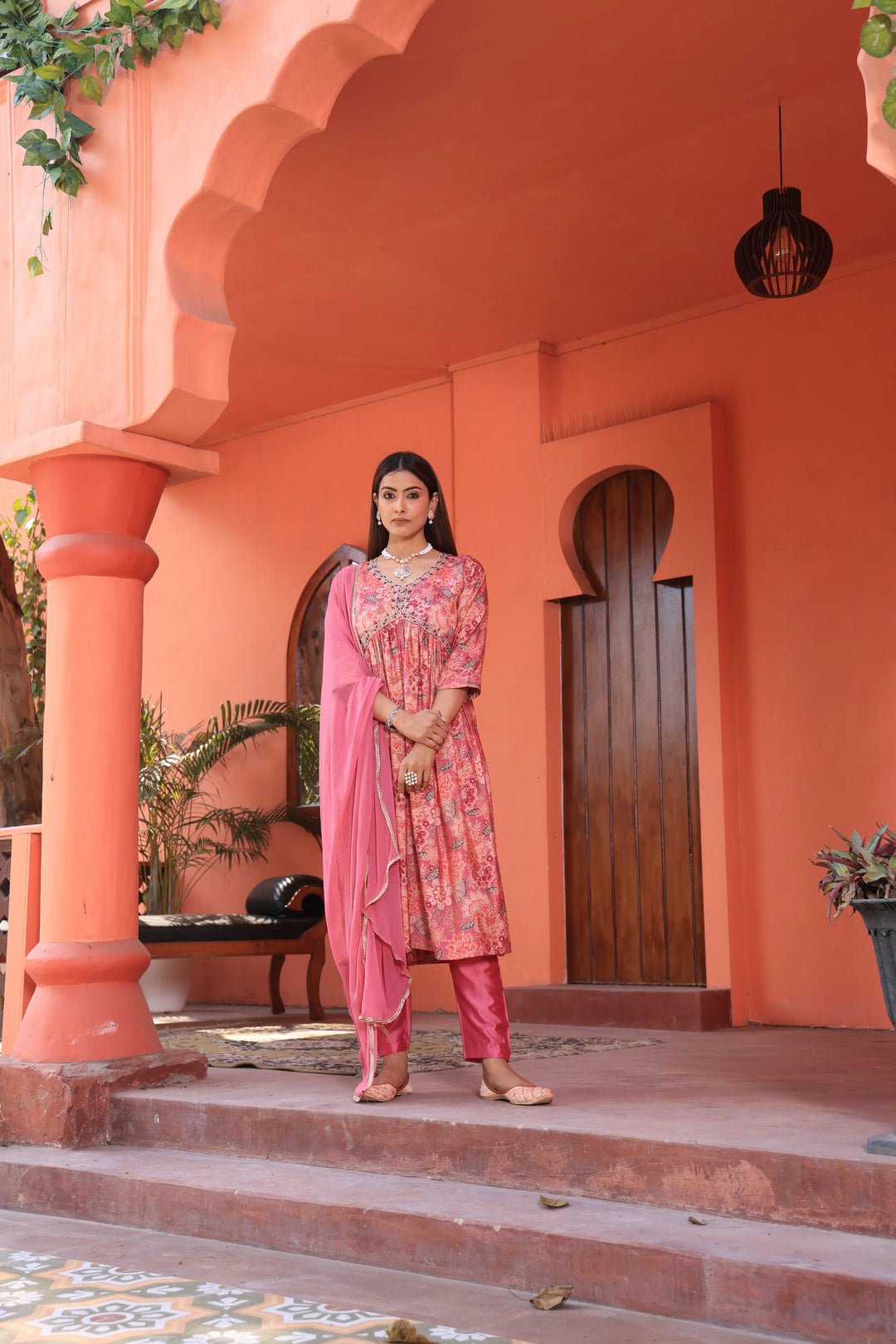 Alia Cut Anarkali Printed Pink Color Suit With Trousers & Dupatta Set